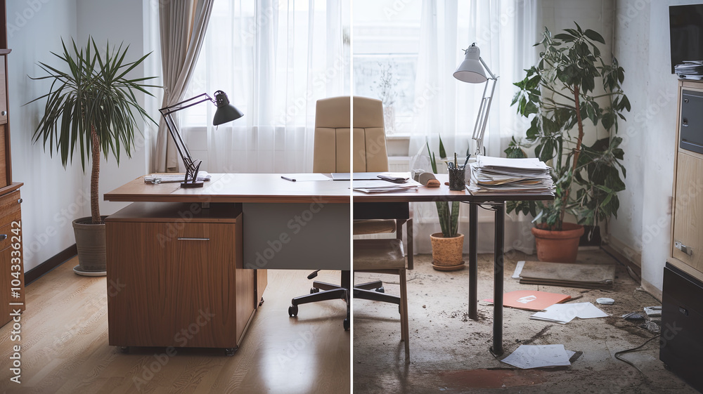 clean office space on left side contrasts sharply with cluttered, disorganized area on right. bright natural light enhances difference, showcasing importance of tidy workspace clean office space on left side contrasts sharply with cluttered, disorganized area on right. bright natural light enhances difference, showcasing importance of tidy workspace