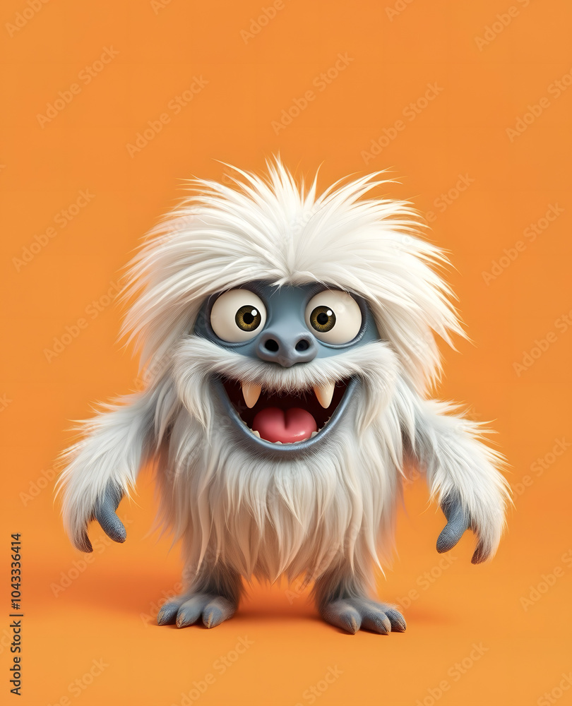 Cheerful fluffy monster on a clean bright orange background. Joyful and furry little monster. Charming yeti. Halloween character.