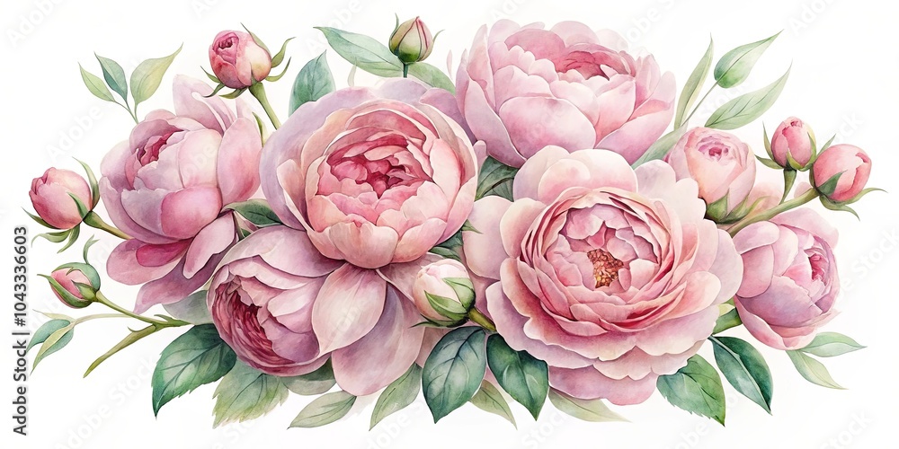 A delicate arrangement of blush pink roses with green foliage, their petals unfurling in a symphony of soft hues. A delicate arrangement of blush pink roses with green foliage, their petals unfurling in a symphony of soft hues.