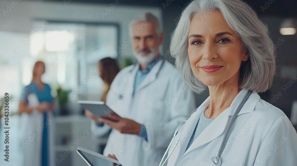 Fototapeta premium Portrait of a smiling middle-aged female doctor with a male and female medical team standing together, holding a tablet. An elderly, grey-haired hospital worker is posing in an office 