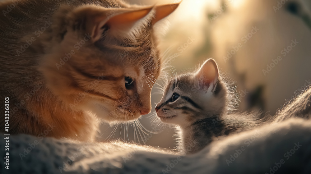 Fototapeta premium A heartwarming scene of a mama cat and her kitten