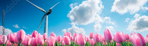 Wind turbines in the Netherlands, a field of pink tulips against a blue sky with white clouds, with a focus on a wind turbine and ample space for text.