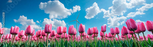 Wind turbines in the Netherlands, a field of pink tulips against a blue sky with white clouds, with a focus on a wind turbine and ample space for text.