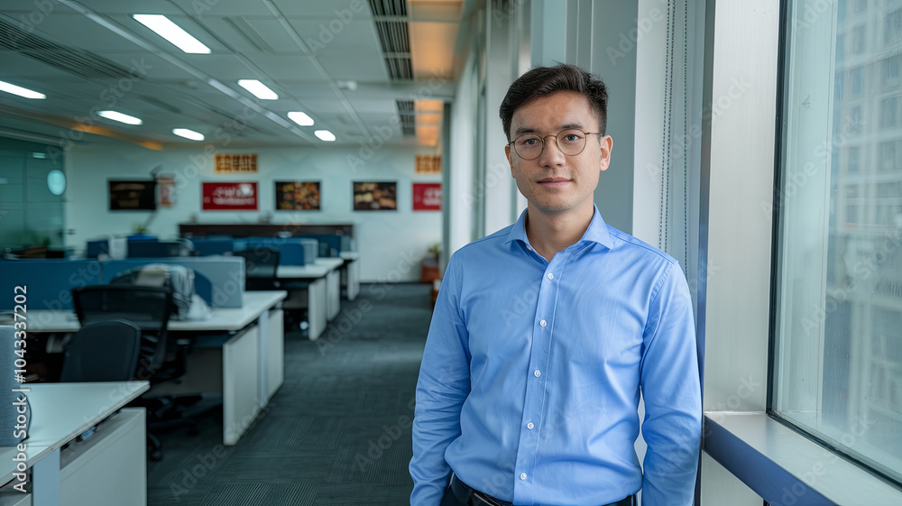 professional man stands confidently in modern office setting, showcasing bright and organized workspace. atmosphere reflects productivity and collaboration professional man stands confidently in modern office setting, showcasing bright and organized workspace. atmosphere reflects productivity and collaboration