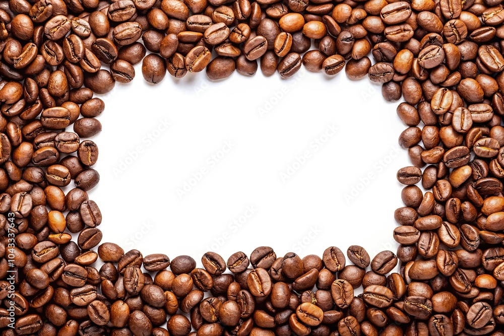 Roasted coffee beans border with copy space on white background Forced Perspective Roasted coffee beans border with copy space on white background Forced Perspective