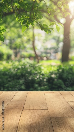 Warm oak surface with a blurred greenery garden scene in the background, soft daylight for a fresh, outdoor-inspired promo  photo