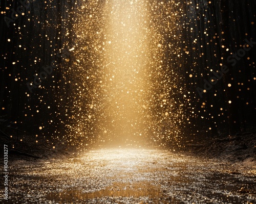 A beam of golden light shines through a dark forest, illuminating a path with sparkling particles.