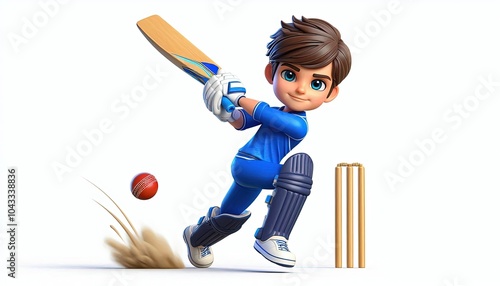 Cartoon Boy Cricket Player Swinging Bat. photo