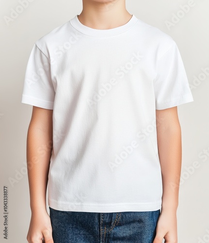 Child wearing a plain white t-shirt against a neutral background. photo