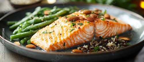 Vibrant balanced meal featuring poached salmon fillet, garnished with roasted almonds, alongside steamed green beans and wild rice, highdetail imagery