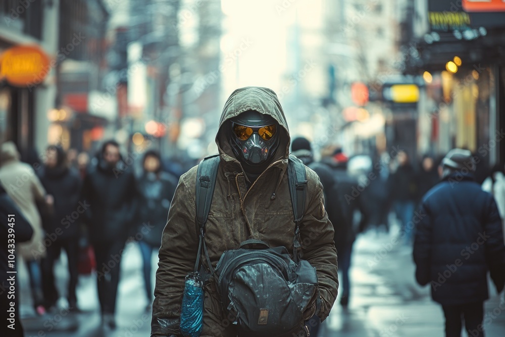Man wearing gas mask walking on crowded street Man wearing gas mask walking on crowded street