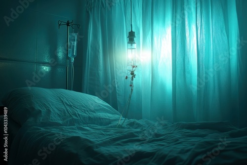 A close-up of a morphine drip with soft light filtering through a hospital curtain, highlighting the medical context of assisted suicide