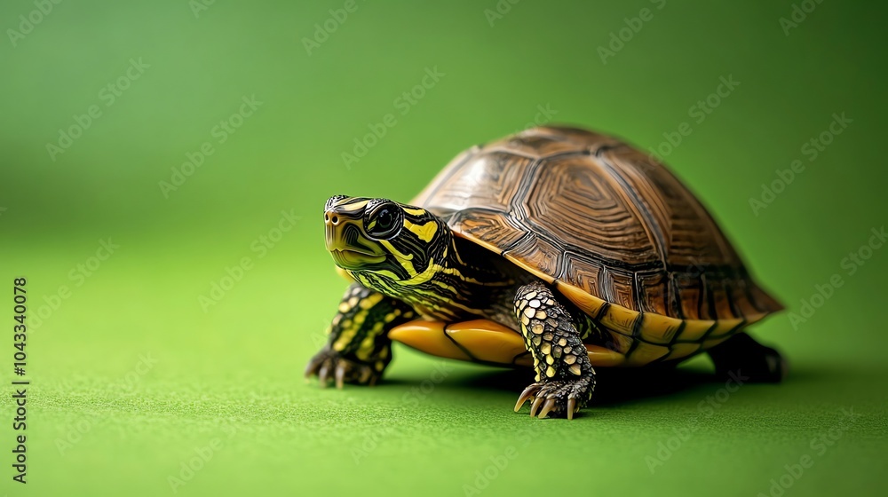 Obraz premium A small turtle walking on a green background.