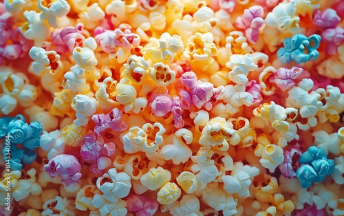 Aerial shot of a colorful popcorn pile in a cozy theater environment, with soft lighting enhancing the snacks appeal, capturing the movie spirit photo