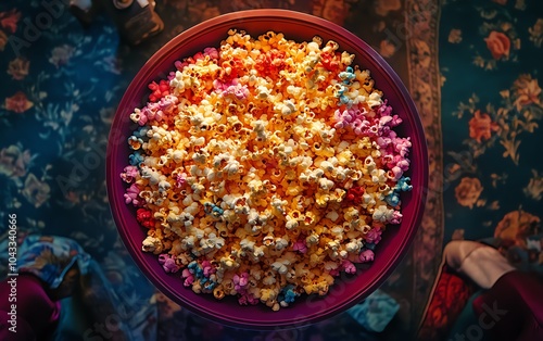 Aerial shot of a colorful popcorn pile in a cozy theater environment, with soft lighting enhancing the snacks appeal, capturing the movie spirit photo