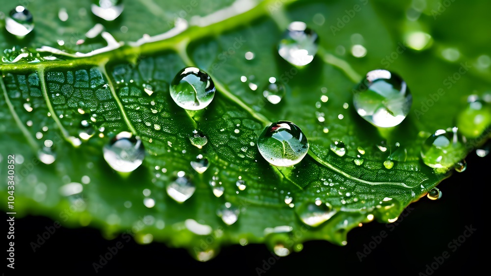 Macro Shot of Shimmering Water Droplets Resting on a Textured Green Leaf, Reflecting Nature's Pure Elegance (4) Macro Shot of Shimmering Water Droplets Resting on a Textured Green Leaf, Reflecting Nature's Pure Elegance (4)