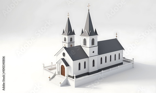 3D illustration of church architecture on white background