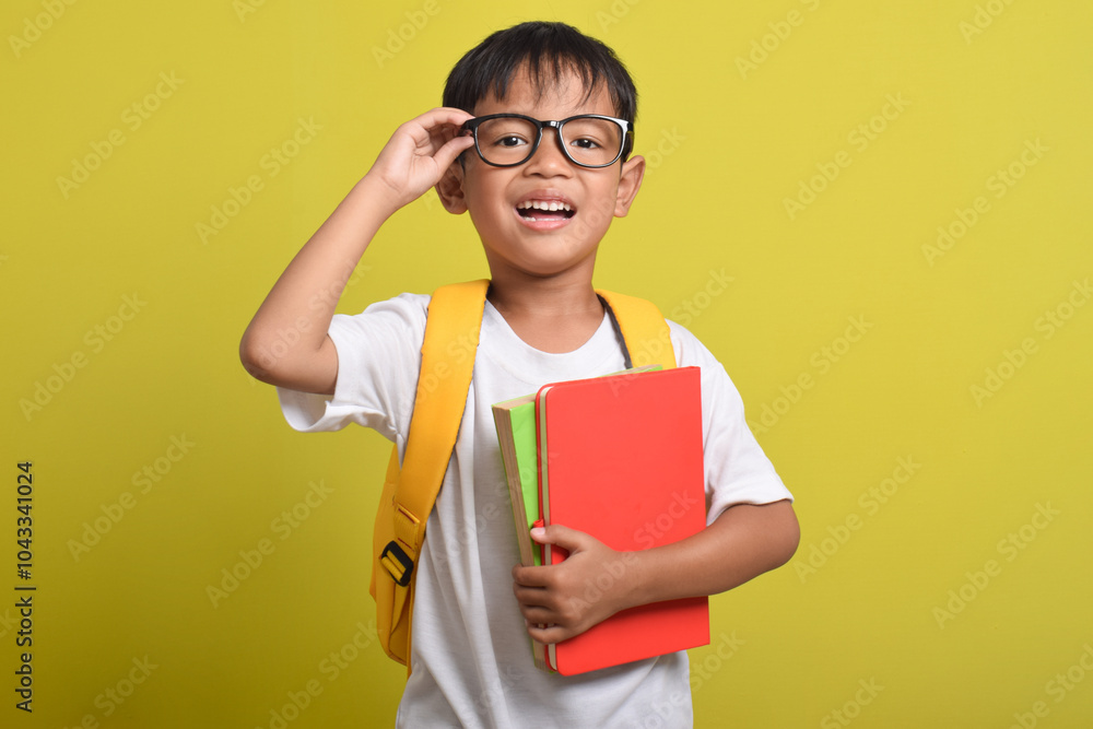 Portrait of Asian boy smiling with backpack, posing holding his glasses, isolated on yellow background. Looking at camera. Education concept. Copy space Portrait of Asian boy smiling with backpack, posing holding his glasses, isolated on yellow background. Looking at camera. Education concept. Copy space