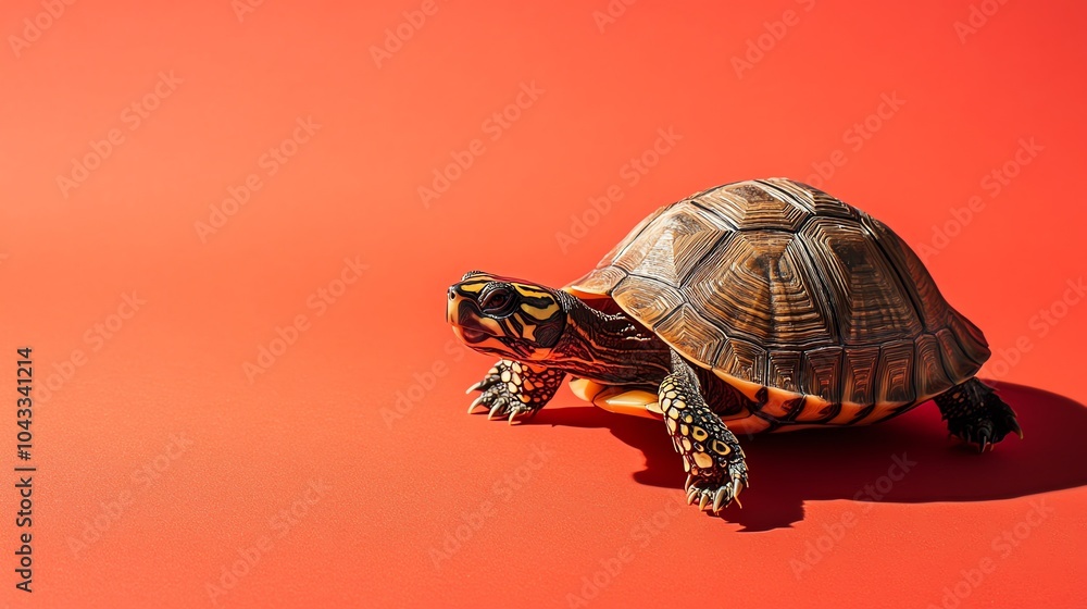 Obraz premium A small turtle crawls on a bright red background.