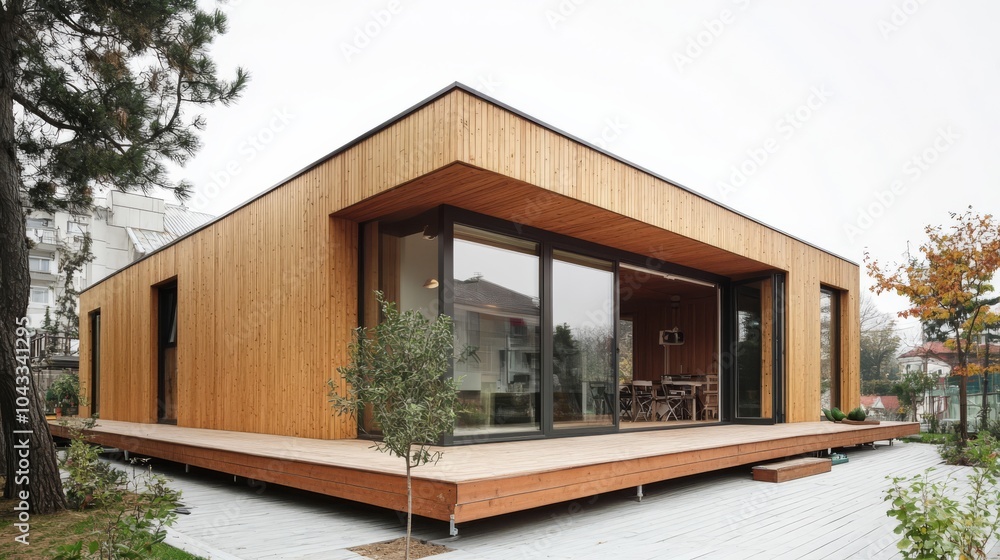 Fototapeta premium Modern Minimalist Wooden House: A sleek and contemporary single-story house with a wooden facade, large windows, and a spacious deck. The house is nestled in a serene natural setting.