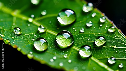 Macro Shot of Shimmering Water Droplets Resting on a Textured Green Leaf, Reflecting Nature's Pure Elegance (15)