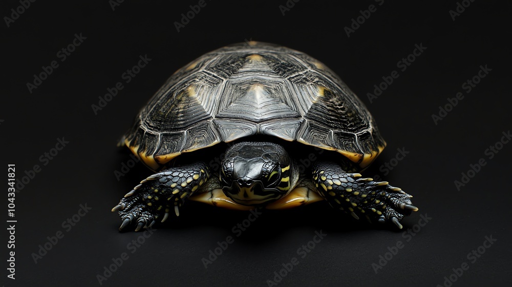 Obraz premium A turtle with a dark brown and yellow shell is walking on a black surface.