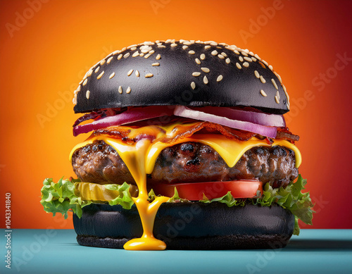  A big juicy Black bun burger wih melting cheese isolated on colorful background photo