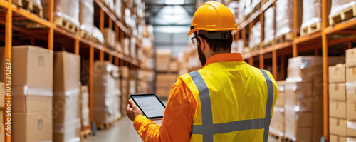 Warehouse worker using tablet for inventory management in storage area.