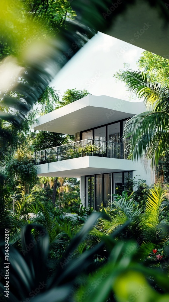 Modern tropical villa nestled in lush greenery, featuring sleek white architecture with expansive windows and a balcony surrounded by exotic palms and foliage. Modern tropical villa nestled in lush greenery, featuring sleek white architecture with expansive windows and a balcony surrounded by exotic palms and foliage.