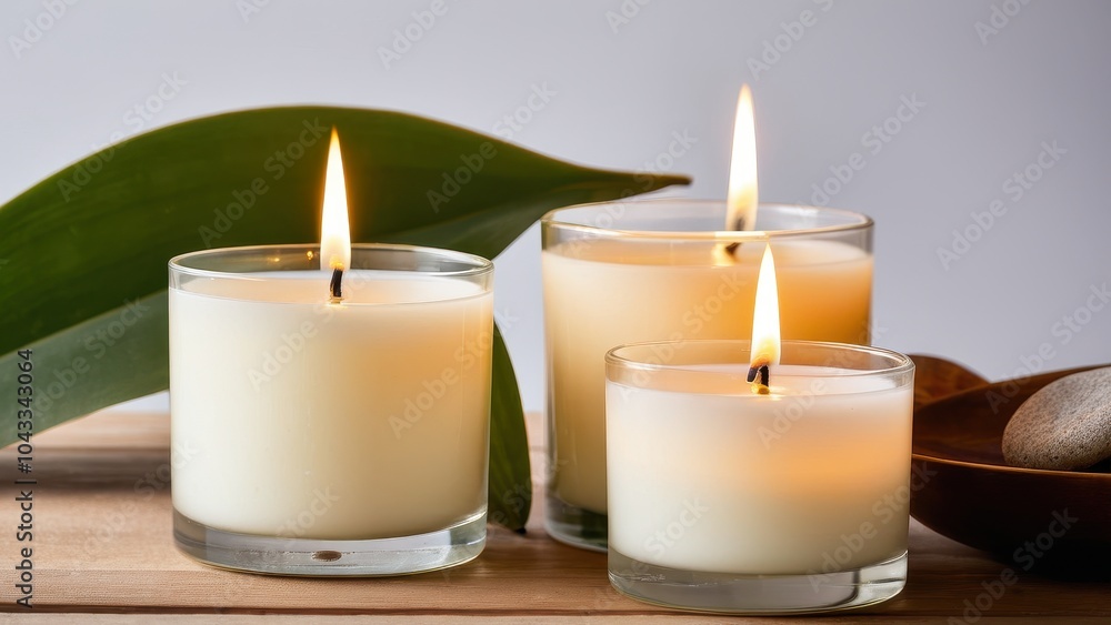 custom made wallpaper toronto digitalFour lit candles sit on a wooden tray surrounded by smooth stones, with a potted plant in the background, creating a serene and calming atmosphere.