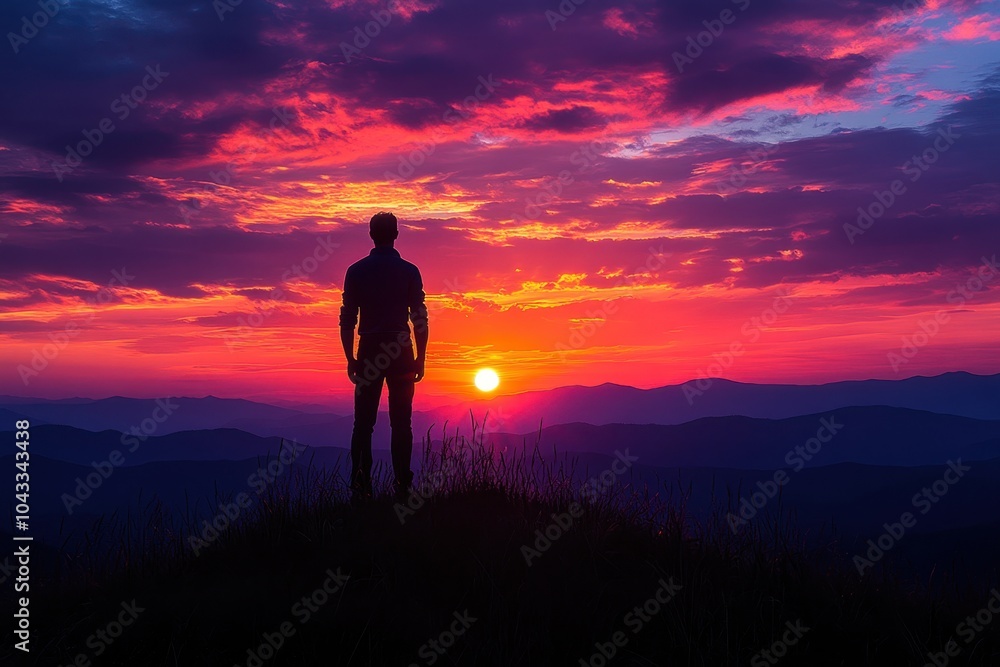A man standing on a hilltop, watching the sunset, symbolizing contemplation and reflection A man standing on a hilltop, watching the sunset, symbolizing contemplation and reflection