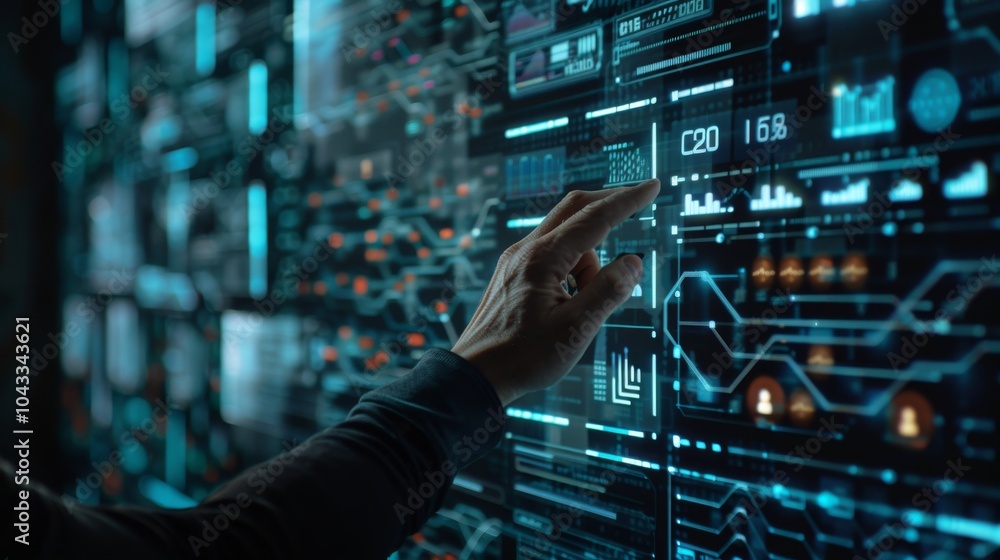 Closeup of hand touching futuristic screen with digital data and information technology icons, background is wall full of holographic screens displaying complex network structure in dark room Closeup of hand touching futuristic screen with digital data and information technology icons, background is wall full of holographic screens displaying complex network structure in dark room