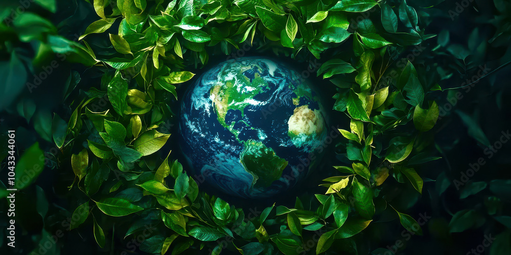 A green leafy background with a globe in the center A green leafy background with a globe in the center