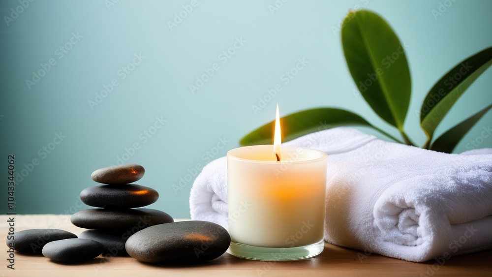 A lit candle, plush white towels, and smooth stones beautifully arranged on a marble surface, creating a serene spa-like atmosphere for relaxation. A lit candle, plush white towels, and smooth stones beautifully arranged on a marble surface, creating a serene spa-like atmosphere for relaxation.