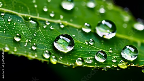 Macro Shot of Shimmering Water Droplets Resting on a Textured Green Leaf, Reflecting Nature's Pure Elegance (61)