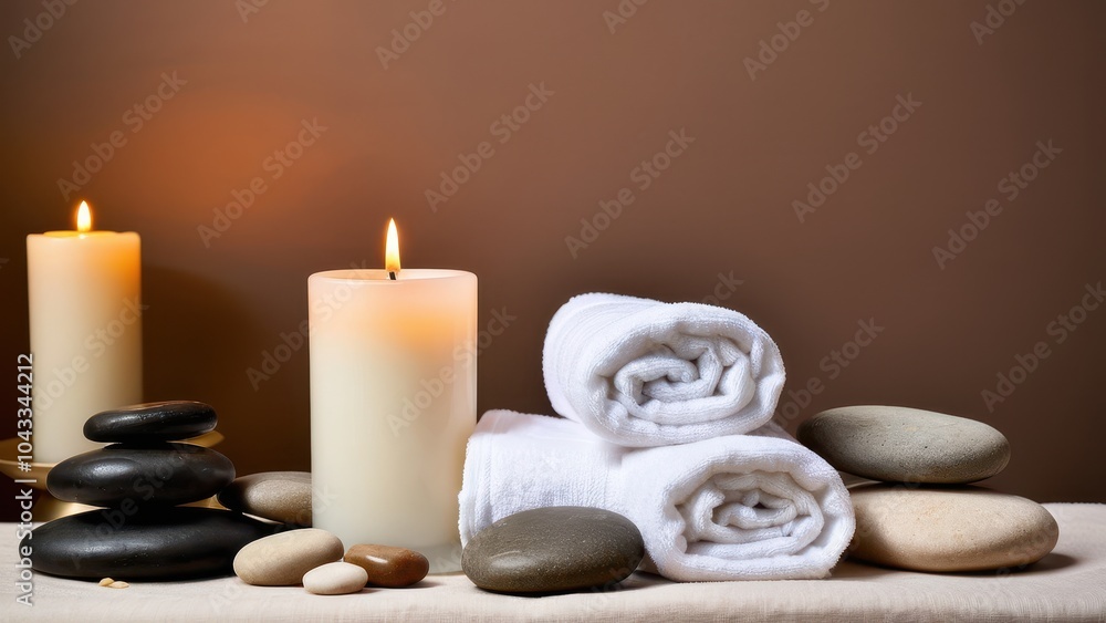 A lit candle, plush white towels, and smooth stones beautifully arranged on a marble surface, creating a serene spa-like atmosphere for relaxation. A lit candle, plush white towels, and smooth stones beautifully arranged on a marble surface, creating a serene spa-like atmosphere for relaxation.