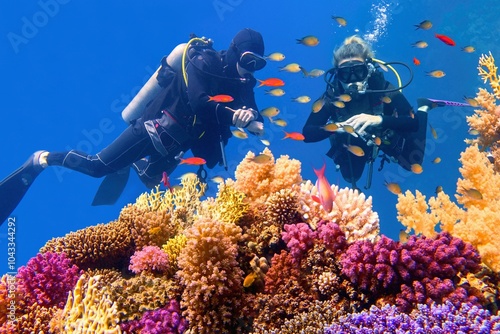 Scuba divers couple near beautiful reef with diversity of hard corals surrounded with shoal of coral fish