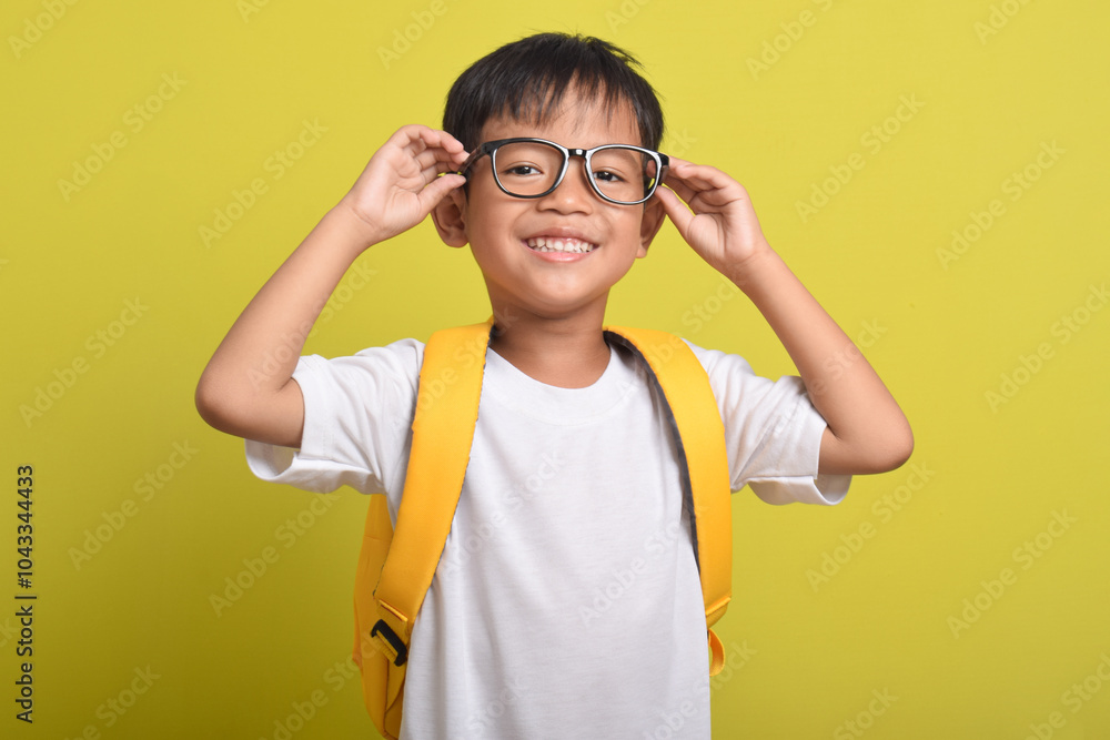 Portrait of Asian boy smiling with yellow backpack, posing holding his glasses, isolated on yellow background. Looking at camera. Education concept. Copy space Portrait of Asian boy smiling with yellow backpack, posing holding his glasses, isolated on yellow background. Looking at camera. Education concept. Copy space