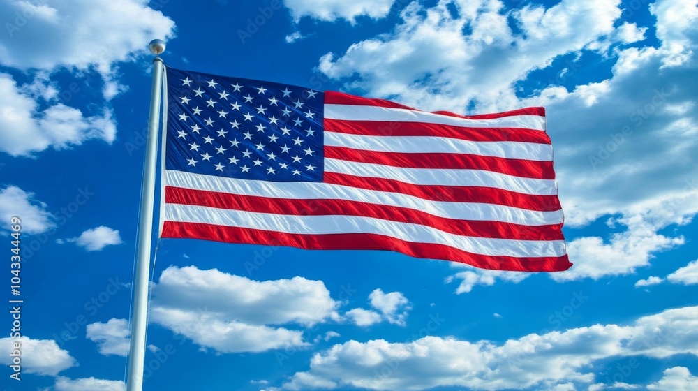 Zoomed-in American flag on a flagpole with dramatic sky in the background, vivid colors, texture of fabric visible Zoomed-in American flag on a flagpole with dramatic sky in the background, vivid colors, texture of fabric visible