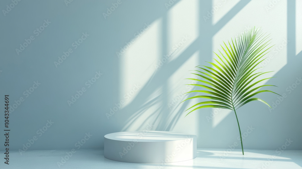 A simple, white podium with rounded corners sits on a light blue background. Sunlight streams through a window, casting a warm glow. A green palm leaf adds a touch of summer. A simple, white podium with rounded corners sits on a light blue background. Sunlight streams through a window, casting a warm glow. A green palm leaf adds a touch of summer.