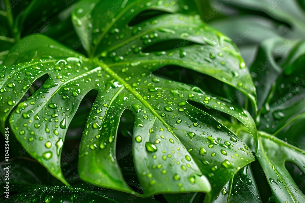A close up of a leaf with water droplets on it A close up of a leaf with water droplets on it