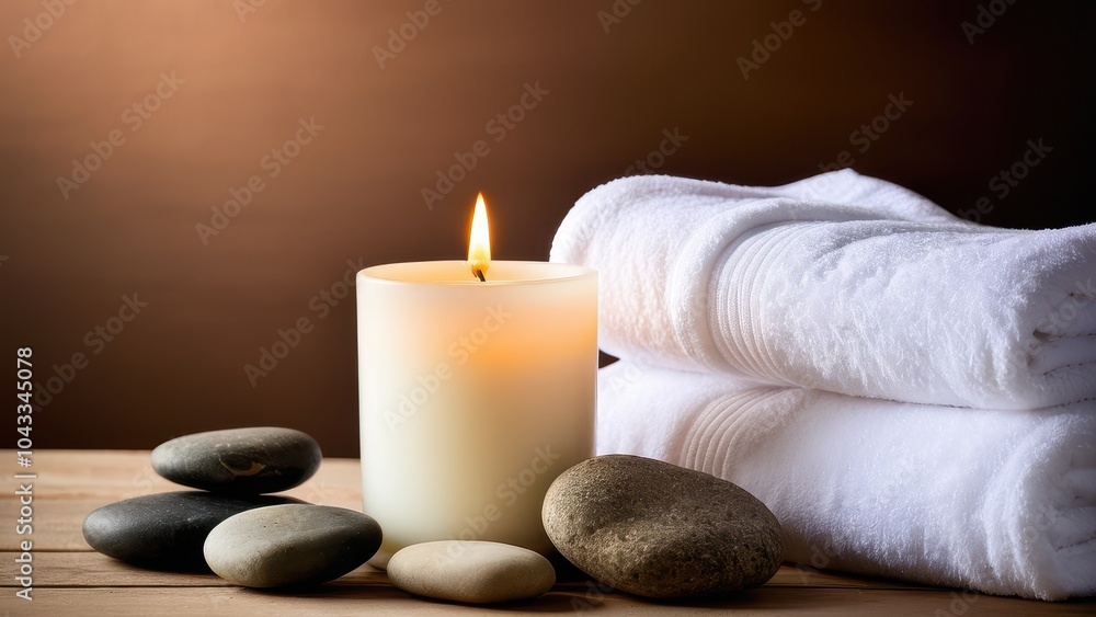 A lit candle, plush white towels, and smooth stones beautifully arranged on a marble surface, creating a serene spa-like atmosphere for relaxation. A lit candle, plush white towels, and smooth stones beautifully arranged on a marble surface, creating a serene spa-like atmosphere for relaxation.
