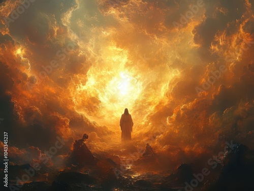 divine scene depicting jesus christ in heaven, surrounded by radiant light, ethereal clouds, and serene ambiance, capturing a sense of peace and spirituality