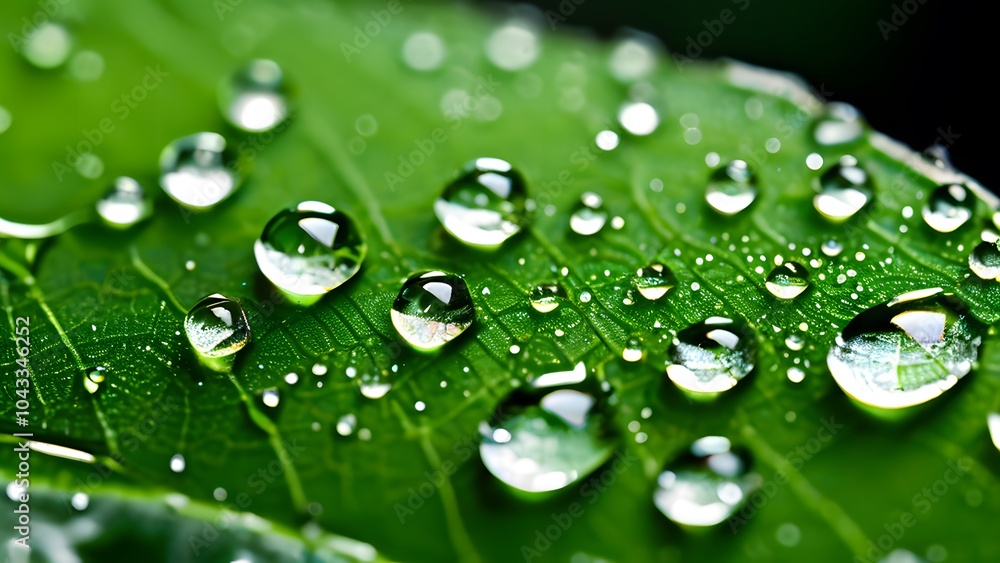 Macro Shot of Shimmering Water Droplets Resting on a Textured Green Leaf, Reflecting Nature's Pure Elegance (93)
