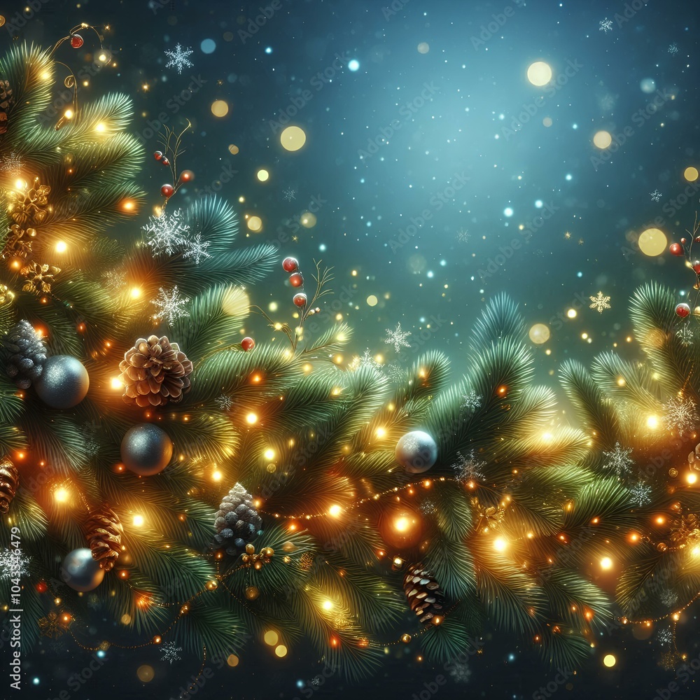 Seamless Christmas border with pine branches and glowing lights. Seamless Christmas border with pine branches and glowing lights.