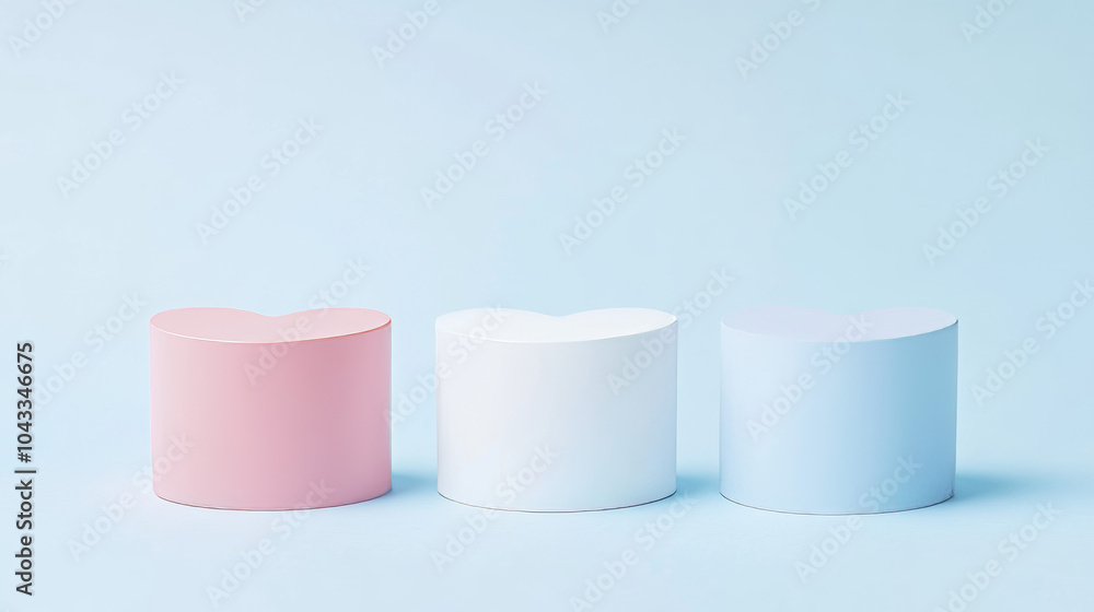 Three white cylinder stands in a heart shape, with pastel red, blue, and pink accents. They're perfect for showcasing products against a simple, minimal background. Three white cylinder stands in a heart shape, with pastel red, blue, and pink accents. They're perfect for showcasing products against a simple, minimal background.