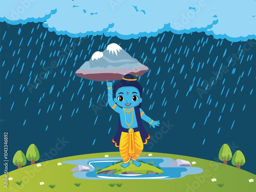 Avatar of Cute Lord Krishna Lifting Govardhan Mountain with His Little Finger During Heavy Rain on the Occasion of Govardhan Puja After Diwali, Can Be Used for Greeting Card. photo