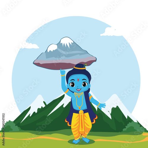 Avatar of Cute Lord Krishna Lifting Govardhan Mountain with His Little Finger on the Occasion of Govardhan Puja After Diwali, Can Be Used for Greeting Card. photo