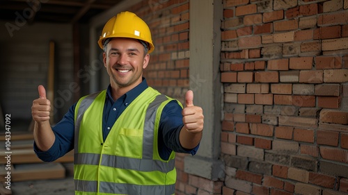 The skilled bricklayer, wearing a hard hat and safety vest, gave a confident thumbs up, showcasing his good and professional work in construction, symbolizing quality craftsmanship and dedication.
