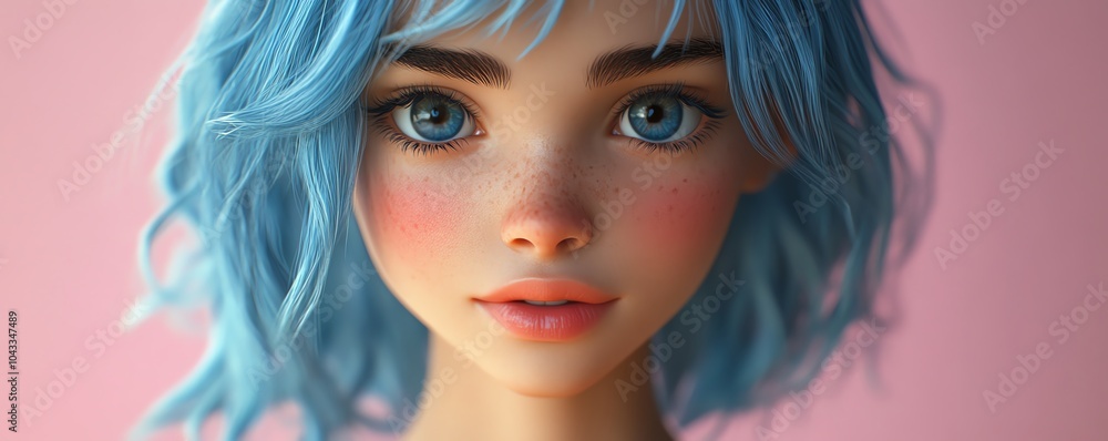Obraz premium 3D girl character closeup, focusing on expressive features and detailed hairstyle, vibrant colors, emphasizing personality and charm
